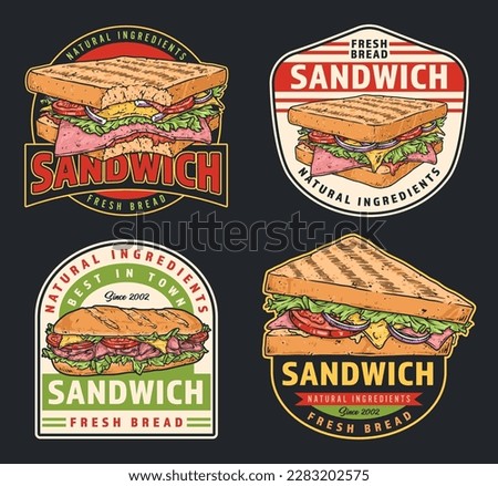 Sandwich menu set colorful flyers with snack for quick breakfast or lunch to advertise street cafes vector illustration