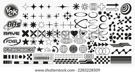 Set with different Y2k elements for design.Trendy geometric brutalism forms, memphis elements. Simple shapes forms, symbols and frames y2k style. Royalty-Free Stock Photo #2283228509