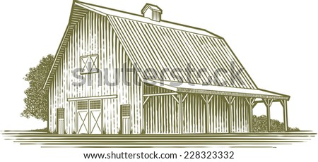 Woodcut-style illustration of a barn. Royalty-Free Stock Photo #228323332