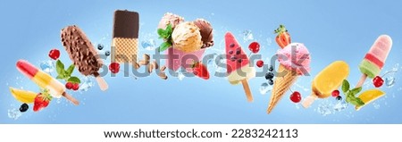 Collection of various delicious ice cream. Lolly ice, cones with different topping, fruit, chocolate and vanilla icecream on blue sky background Royalty-Free Stock Photo #2283242113