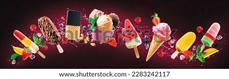 Collection of various delicious ice cream. Lolly ice, cones with different topping, fruit, chocolate and vanilla icecream