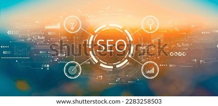 SEO concept with blurred cityscape at sunset or sunrise