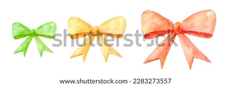 Watercolor present bow. Hand painted gift decoration. Winter hilidays, Merry Christmas and Happy New Year, Birthday event. Realistic isolated illustration, in red, yellow, green, golden,