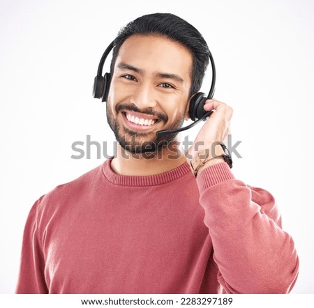 Customer service consulting, face portrait or happy man telemarketing on contact us CRM or telecom. Call center communication, ecommerce studio or male support consultant isolated on white background Royalty-Free Stock Photo #2283297189