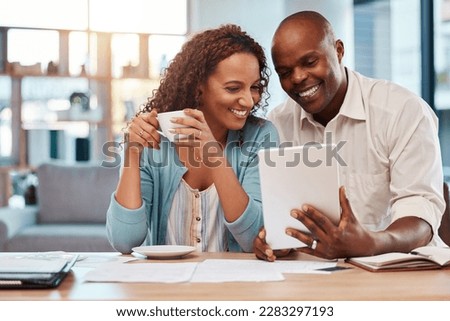 Couple, tablet and planning for finance, budget or application for loan on fintech app in home. Happy black man, woman or reading on touchscreen ux with smile, financial goals and investment growth Royalty-Free Stock Photo #2283297193