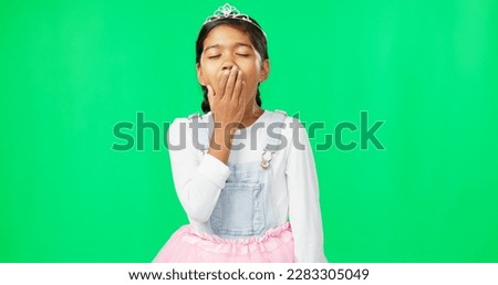 Tired, yawning and bored with child in green screen studio for fatigue, exhausted and sleepy. Bedtime, insomnia and problem with portrait of girl isolated on background for nighttime, rest and nap