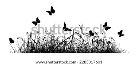 Abstract background with black silhouettes of meadow wild herbs and flowers. Wildflowers. flying butterflies. Hello summer. Floral background. Wild grass. Vector illustration. Royalty-Free Stock Photo #2283317601