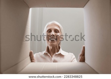 Happy joyful senior woman looking at camera through cardboard box dimensions frame, smiling, laughing. Elder customer lady checking paper container. From inside view portrait Royalty-Free Stock Photo #2283348825