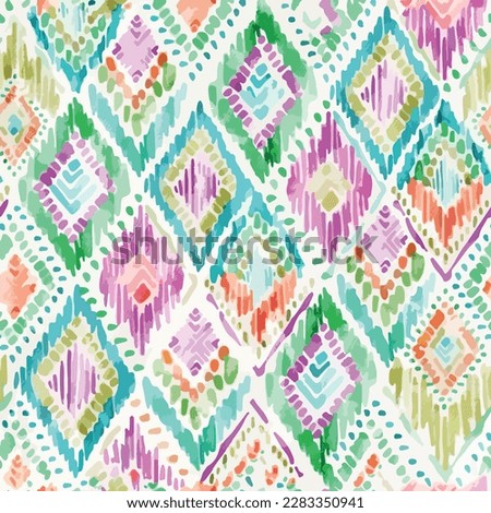Seamless ikat pattern in pink and green. Carpet, rug or ethnic pattern background set for grunge textured abstract art textile print or wallpaper