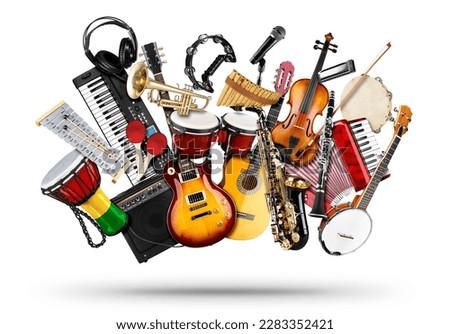 stack pile collage of various musical instruments. Electric guitar violin piano keyboard bongo drums tamburin saxophone, and trumpet. Brass percussion studio music concept isolated on white background Royalty-Free Stock Photo #2283352421