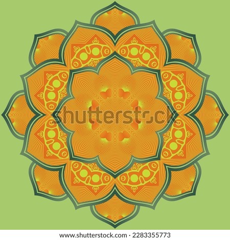 Abstract mandala textured orange color yellow combination with green lines and background