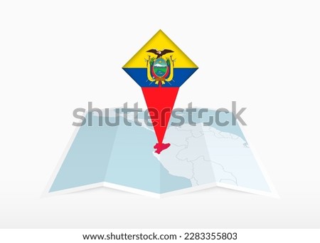 Ecuador is depicted on a folded paper map and pinned location marker with flag of Ecuador. Folded vector map.