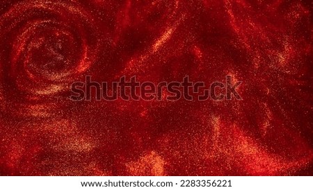 Magic galaxy of golden dust particles in red fluid. Gold particles sparkling stains in overflows on red. Liquid shiny background. Royalty-Free Stock Photo #2283356221