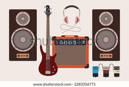 Music vector illustration design. Sound speakers, bass guitar, amplifier, guitar pedals, headphones in flat style. Isolated color illustration.