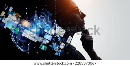 Profile of woman and visual network concept. Artificial intelligence. Wide angle visual for banners or advertisements. Royalty-Free Stock Photo #2283373067