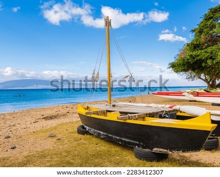 Outrigger  Racing Conoes on The Beach With Lania on The Horizon, Hanakao'o Park, Lahaina, Maui, Hawaii, USA Royalty-Free Stock Photo #2283412307