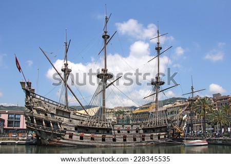 Galeone Neptune old wooden ship, tourist attraction in Genoa