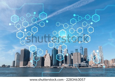 Skyline of New York City Financial Downtown Skyscrapers over East River from park, Dumbo at day time, Manhattan. Decentralized economy. Blockchain, cryptography and cryptocurrency concept, hologram