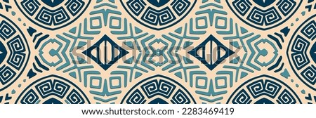 Banner, tribal cover design. Embossed ethnic geometric 3d Greek pattern, meander. Abstract white background. Themes of the East, Asia, India, Mexico, Aztecs, Peru. Royalty-Free Stock Photo #2283469419