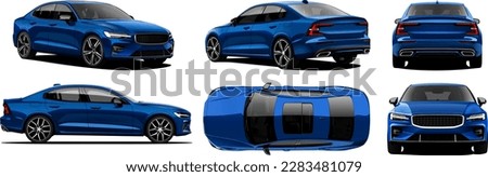 Realistic Vector Car Sedan Isolated blue color and 3d perspective with transparency gradients with front, back, side, top view Royalty-Free Stock Photo #2283481079