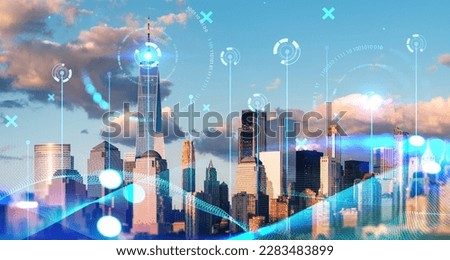 Blurry immersive smart city interface over New York city skyscrapers. Concept of Internet of Things and hi tech