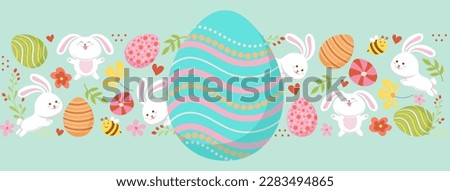 Easter banner with pattern of rabbits playing with eggs, flowers and bees painted by hands. Festive illustration, design for social networks, postcard, poster, flyer. Flat vector. 