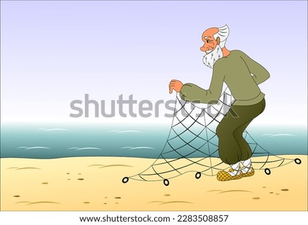An old man with a fishing net on the shore of the blue sea. A character from the fairy tale about the golden fish. Royalty-Free Stock Photo #2283508857