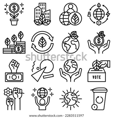 Green economy thin line icons set: financial growth, green city, zero waste, circular economy, green politics, anti-globalism, global consumption. Vector illustration for environmental issues. Royalty-Free Stock Photo #2283511597