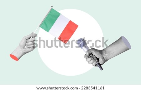 Art collage, collage of a hand holding the flag of Italy, microphone in the other hand. Concept of an interview with Italy on a light background.
