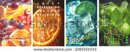 Fruit mix. Fruit cocktail, ice, lime, mint, orange. Juicy tropical background. Close up. Set of vector posters.Typography design and vectorized illustrations on the background. Royalty-Free Stock Photo #2283556553