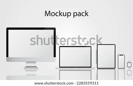 Device mockup set with monitor, laptop, tablet, smartphone and wrist watches. Realistic high-detailed technology devices set