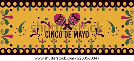 Cinco de Mayo banner template for mexico independence celebration with traditional papercut flags and other symbols of holiday. Lettering calligraphy inscription Cinco de Mayo. Vector illustration.