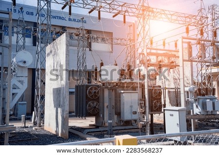 High voltage electric power plant current distribution substation Royalty-Free Stock Photo #2283568237