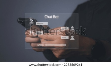 Man uses artificial intelligence chatbots automatically respond online messages. AI Chatbot intelligent digital customer service application concept, Mobile application to help customers instantly.