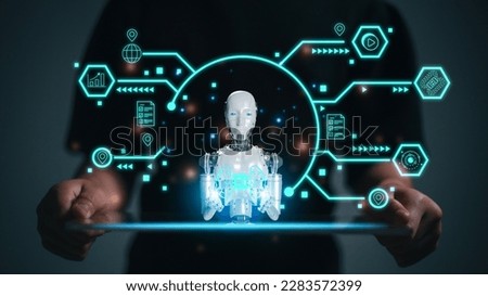 Women using technology smart robot AI, Chatbot Chat with AI, Artificial Intelligence.  artificial intelligence by enter command prompt for generates something, Futuristic technology transformation.