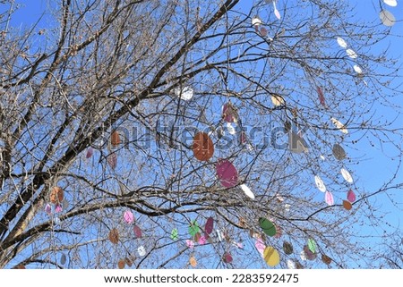 Waiting for Easter. A tree decorated with colorful pictures of eggs
