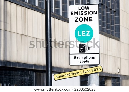 Low emission zone sign in city centre of Glasgow being enforced for all vehicles Royalty-Free Stock Photo #2283602829