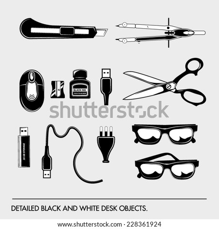 Detailed black and white desk tools for office and education. Isolated on grey background.