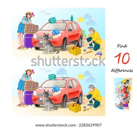 Find 10 differences. Illustration of family going to vacation. Logic puzzle game for children and adults. Page for kids brain teaser book. Developing counting skills. Vector drawing. Royalty-Free Stock Photo #2283629907