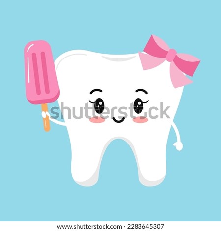 Cute tooth girl with ice cream clip art. Baby dental character with pink ice lolly isolated on white background. Flat design vector strong tooth with dessert illustration. 