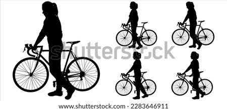Big set of female cyclists silhouettes. The girl is holding the steering wheel of her bike. A woman walks next to a bicycle. A group of cyclists. Sport. Side view. Black color silhouette isolated