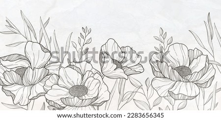 Botanical line bakground with flowers and leaves. Floral foliage for wedding invitation, wall art or card template. Vector illustration. Luxury rustic trendy art