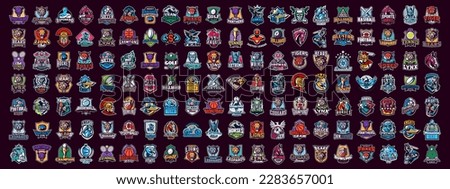 Mega set of sports, esports and mascot logos for teams and gamers. Sports, esports logos with mascots wild cats, beasts, animals, eagles, warriors, soldiers, heroes, games. Emblems for team and gamers Royalty-Free Stock Photo #2283657001