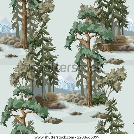 Seamless pattern with North landscape, firs,mountane and river. Vector