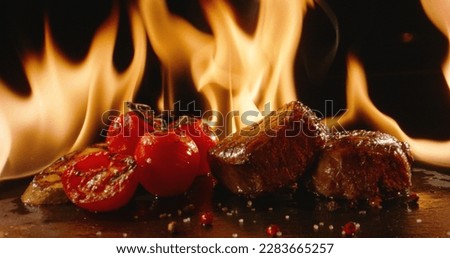 Epic shot of grilled meat fillet with vegetables in fire on grill. Meat being cooked in oven, set in flames. Bbq grilling - food art cinematic close up  Royalty-Free Stock Photo #2283665257