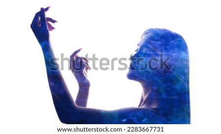 Spiritual enlightenment. Soul healing. Double exposure defocused blue color glow inspired woman face arms silhouette on white free space. Royalty-Free Stock Photo #2283667731
