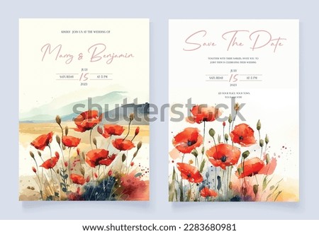 Watercolor wedding invitation with poppy flowers landscape Royalty-Free Stock Photo #2283680981