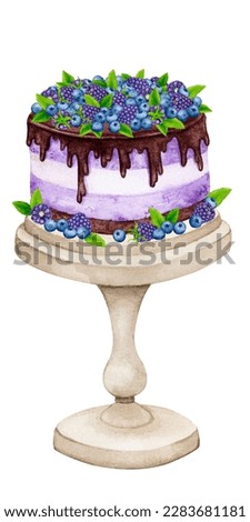Cake on a stand decorated with chocolate, berries and mint. Watercolor holiday clipart for design of postcards, greeting cards, invitations, menus, logos. Wedding, birthday, anniversary design.
 