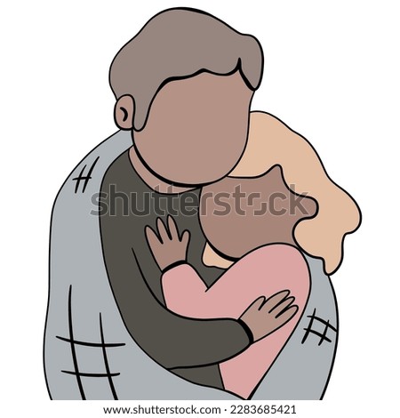 Doodle illustration of cartoon characters, man and woman hugging, together and love, white background, isolated, cozy sticker