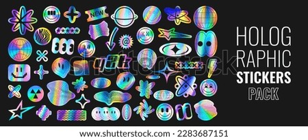 Set of holographic retro futuristic stickers. Vector illustration with iridescent foil adhesive film with symbols and objects in y2k style. Holographic futuristic labels. Royalty-Free Stock Photo #2283687151